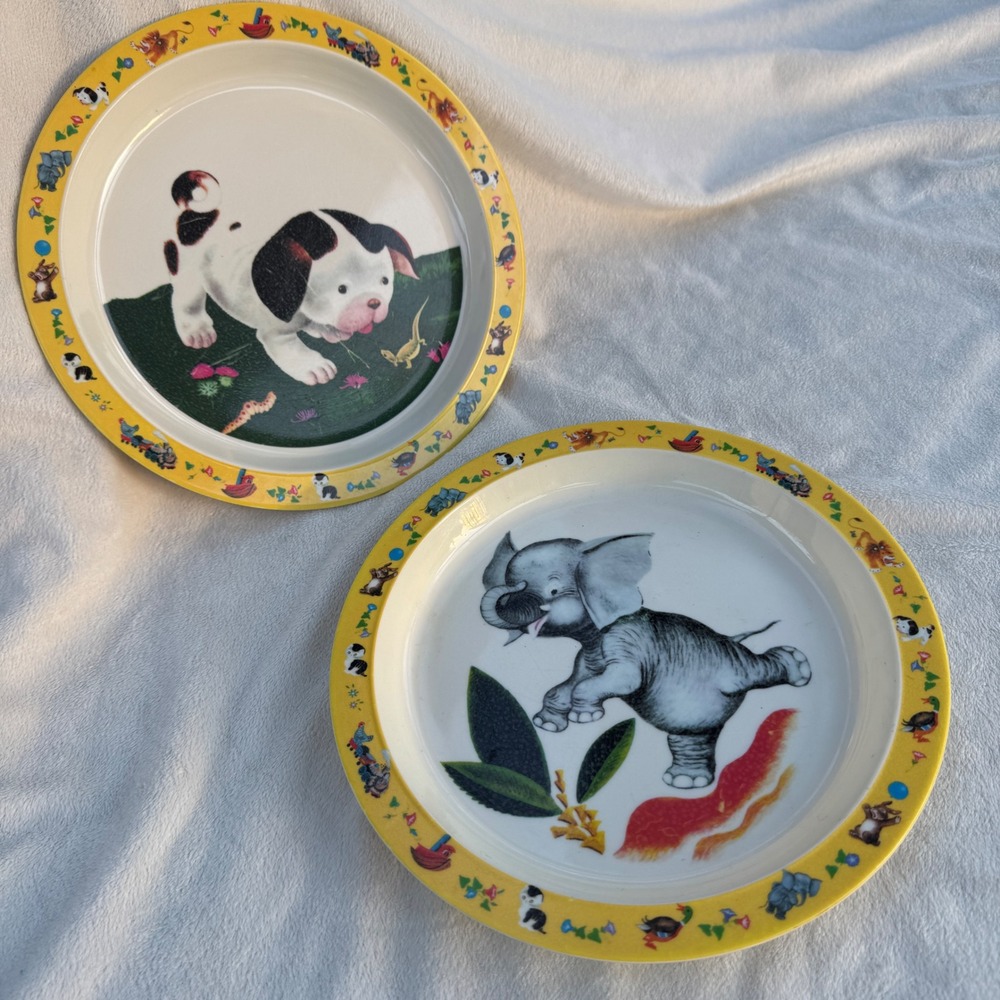 World Market Melamine Plates 9" Yellow Storybook Puppy Elephant Set of 2 Vintage